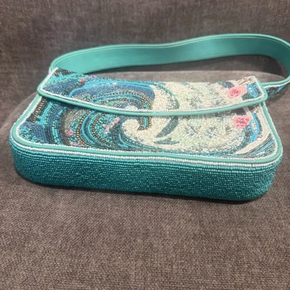 STAUD Beaded Tidal Wave Tommy Shoulder Bag Blue SAMPLE New